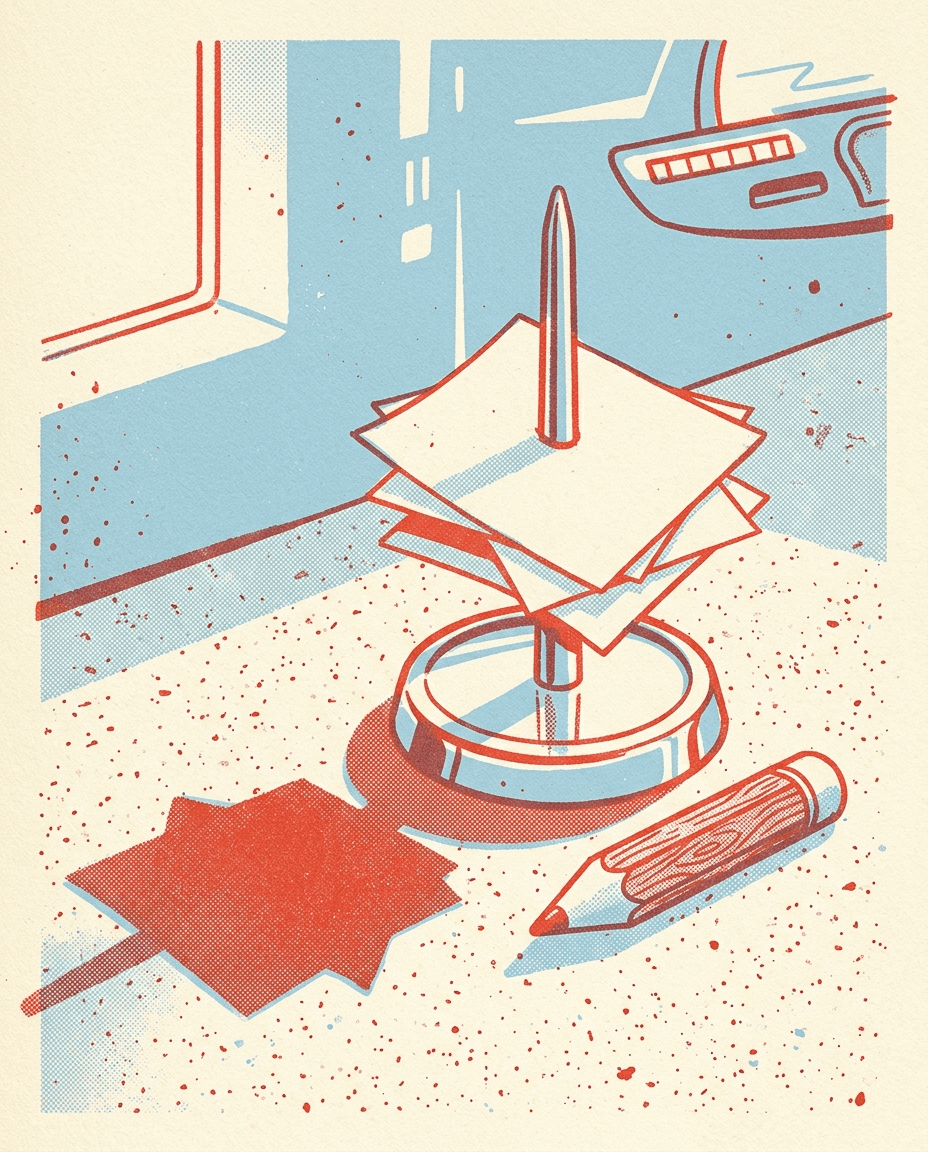 Receipts speared on a steel spindle by the register
